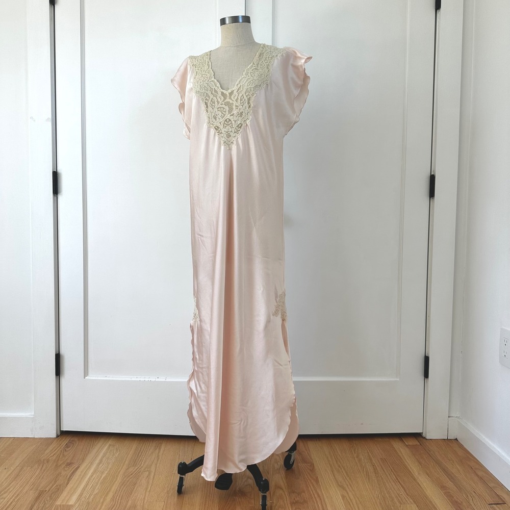Vintage 70s Blanche Blush Pink Satin Lace Maxi Nightgown Flutter Sleeve Dress L